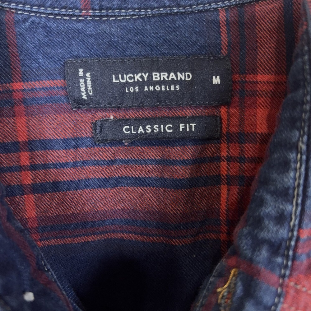 Lucky Brand Pearl Snap Denim Shirt Mens Sz M Blue Red Plaid Western Pockets - Picture 4 of 8